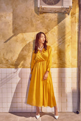 Silk Wrap Midi Dress with Long Sleeves and Gathered Waist